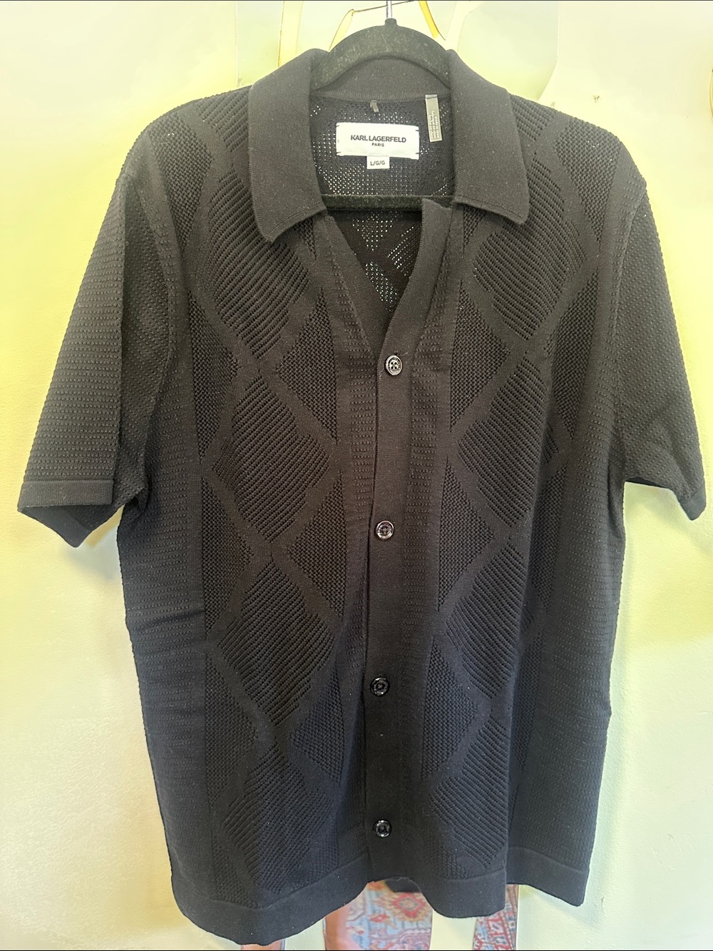 Karl Lagerfeld Paris Black Short-Sleeve Button-Down Knit Polo Shirt (L)